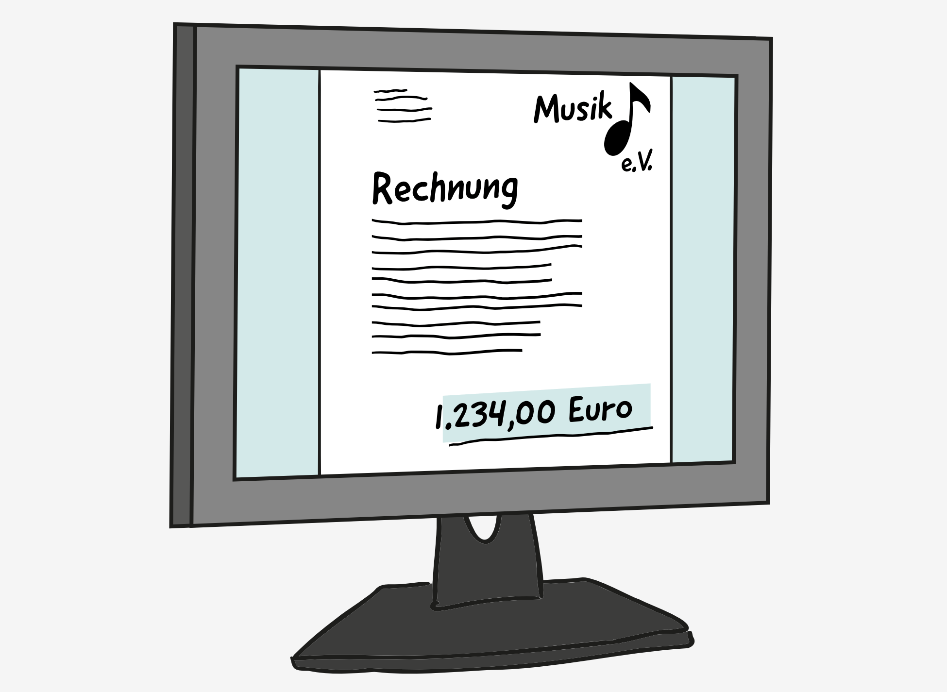 Auf einem Computer-Bildschirm ist ein Dokument abgebildet. Darauf steht groß: Rechnung. Darunter sind Wellen-Linien als Text. Oben links im Dokument sind Wellen-Linien als Anschrift. Oben rechts steht: Musik e.V., mit einem Noten-Symbol. Am unteren Rand steht grün hervorgehoben: 1.234,00 Euro.