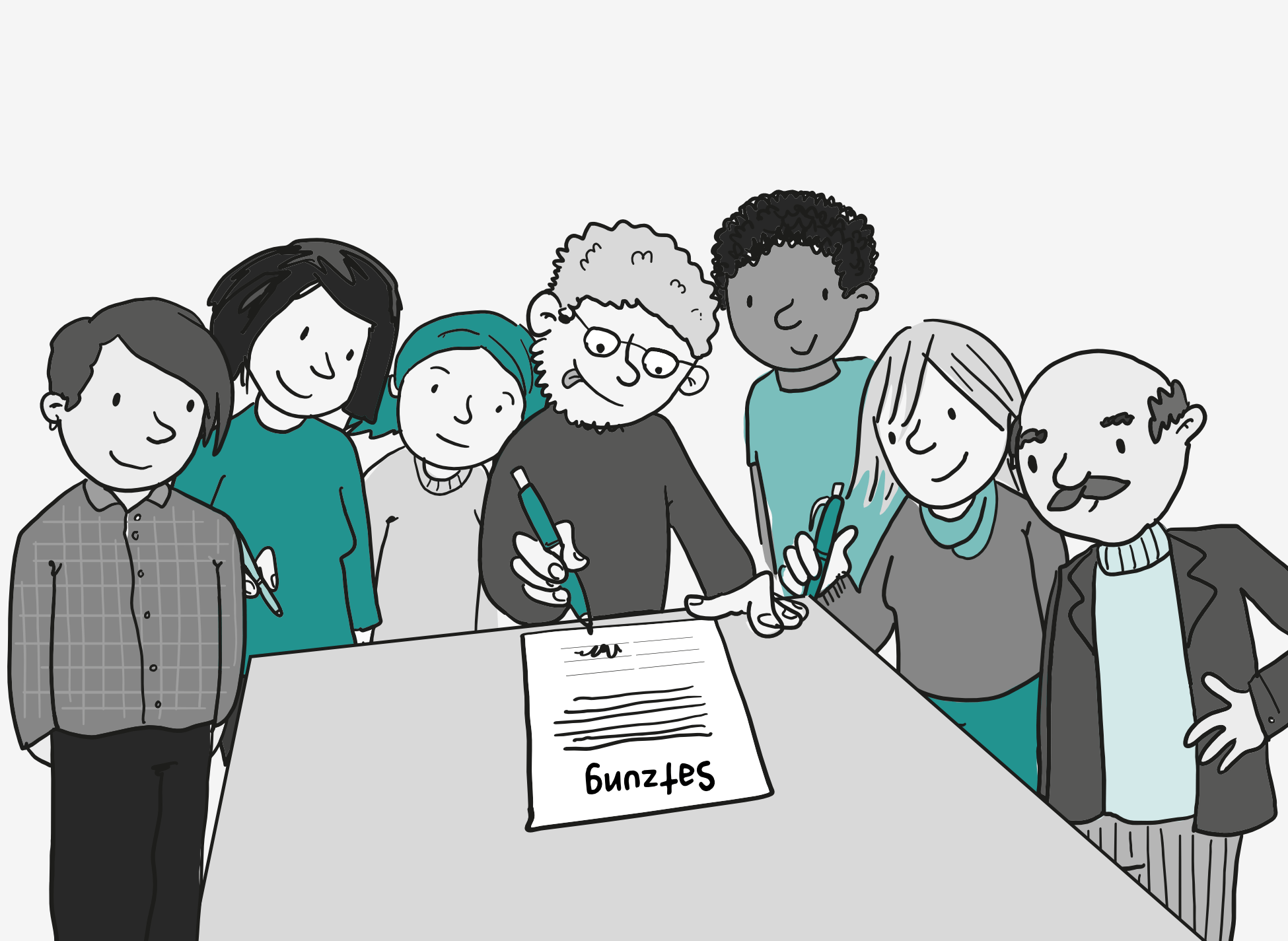 7 Personen drängen sich dicht um einen Tisch. Einige haben Stifte in der Hand. Alle sind bereit dafür, das Dokument auf dem Tisch zu unterschreiben. Auf dem Dokument steht groß: Satzung.